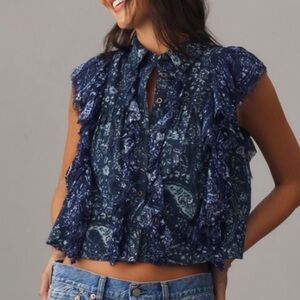 Pilcro Navy Blue Paisley Ruffle Cap-Sleeve Top